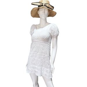 Zara mini‎ Dress White boho Crochet Puff Sleeves Medium coquette